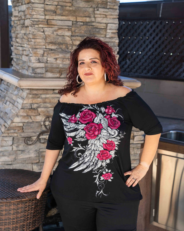 Sparkly Rose/Angel Wing Off the Shoulder Peasant Top