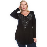 Long Sleeve V Neck with Studded Rhinestones in Black