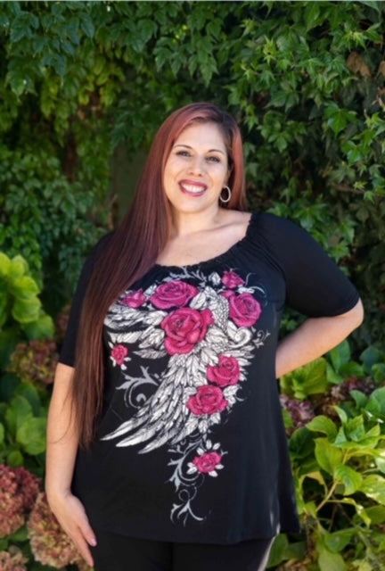 Sparkly Rose/Angel Wing Off the Shoulder Peasant Top