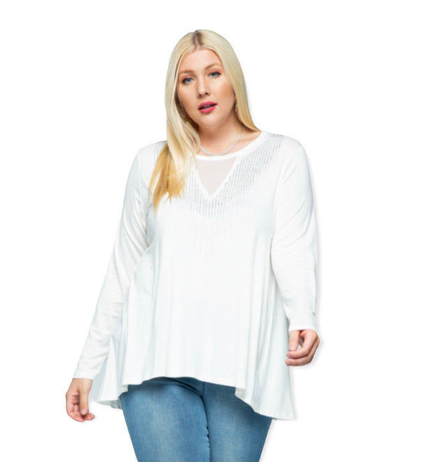 Long Sleeve V Neck with Sparkles in Off White