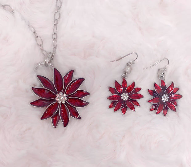 Christmas Poinsettia Necklace Charm and Earring Set