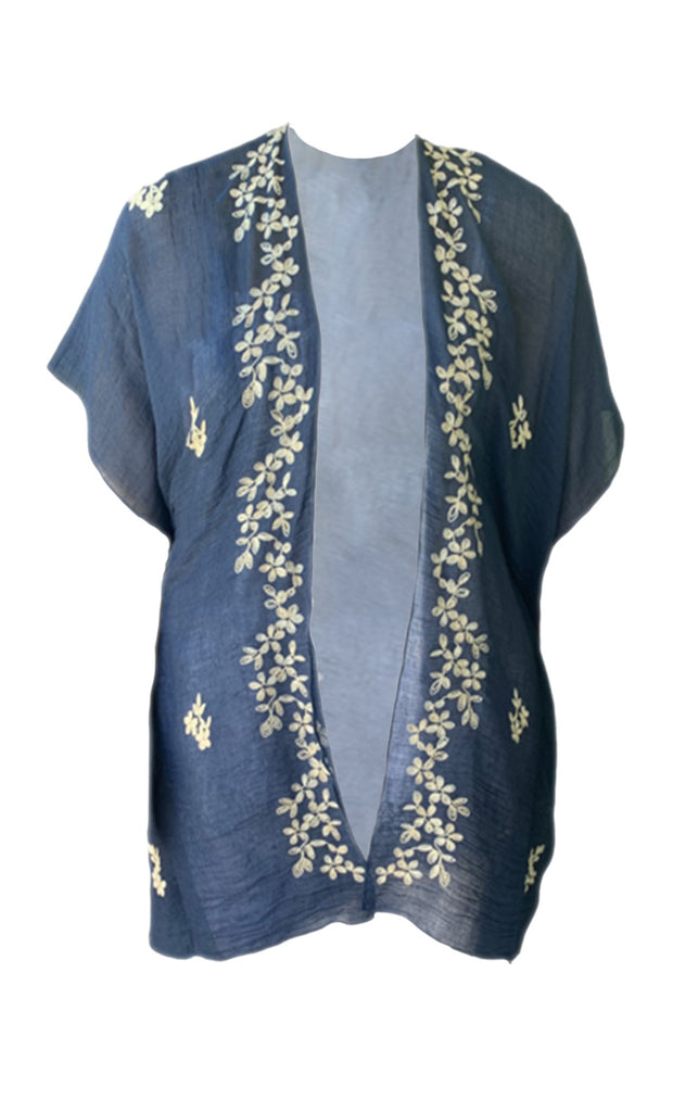 Navy with White Flower Embroidery Kimono