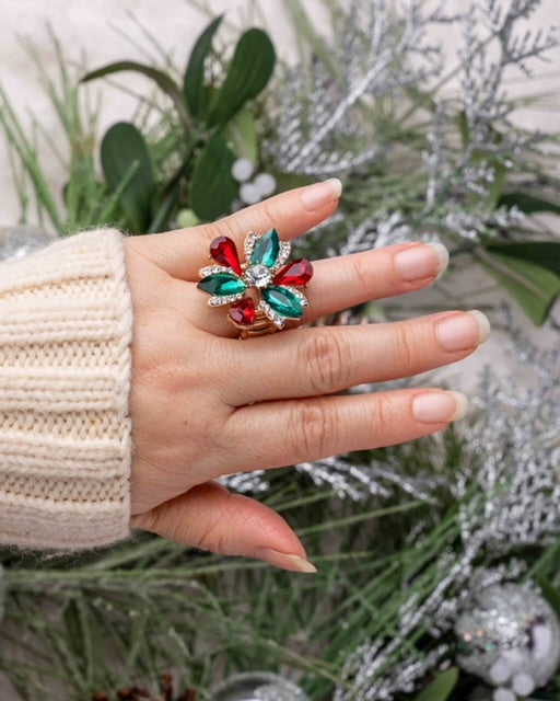 Holiday Floral Red and Green Stretch Ring