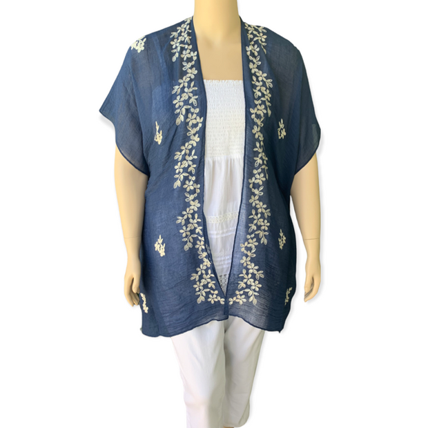 Navy with White Flower Embroidery Kimono