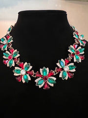 Holiday Floral Red and Green Earring and Necklace Set