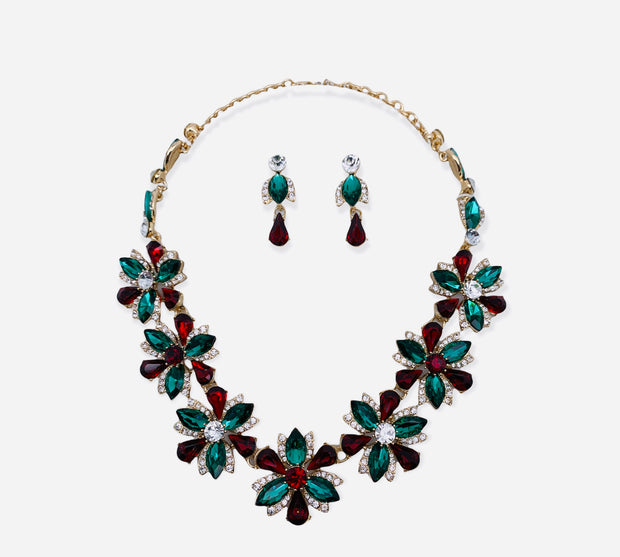 Holiday Floral Red and Green Earring and Necklace Set