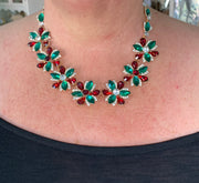 Holiday Floral Red and Green Earring and Necklace Set