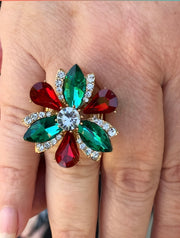 Holiday Floral Red and Green Stretch Ring