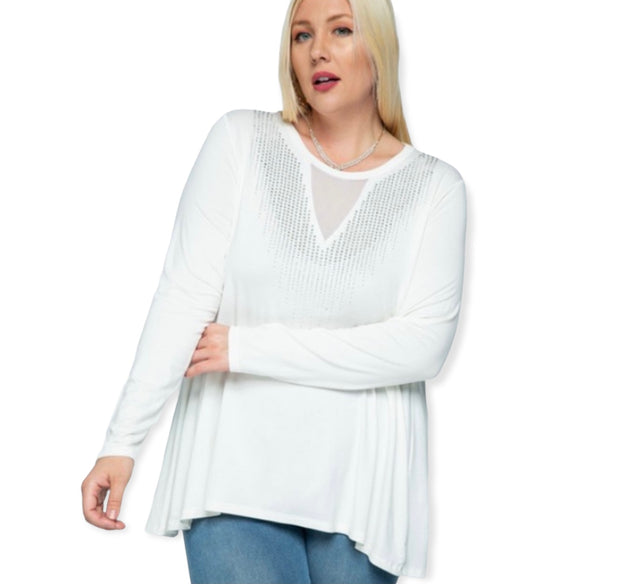 Long Sleeve V Neck with Sparkles in Off White